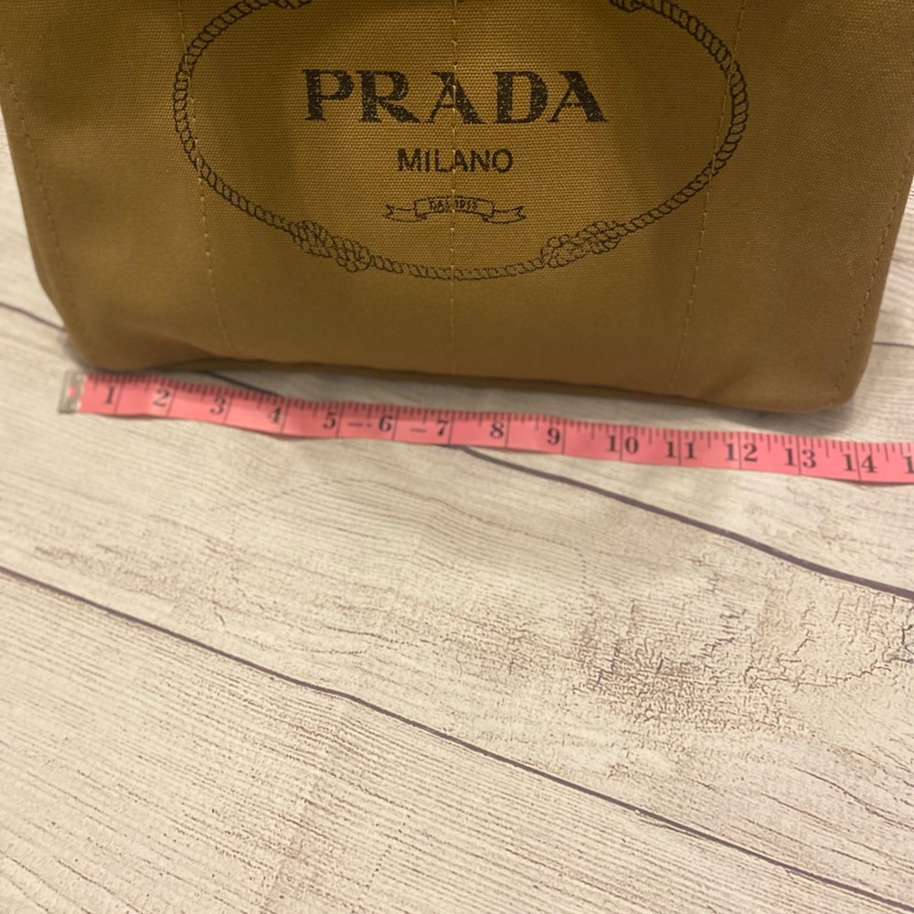 Prada linen shopping bag 13X8x. Good condition. Very clean  Tan.  Side pockets - Picture 6 of 16